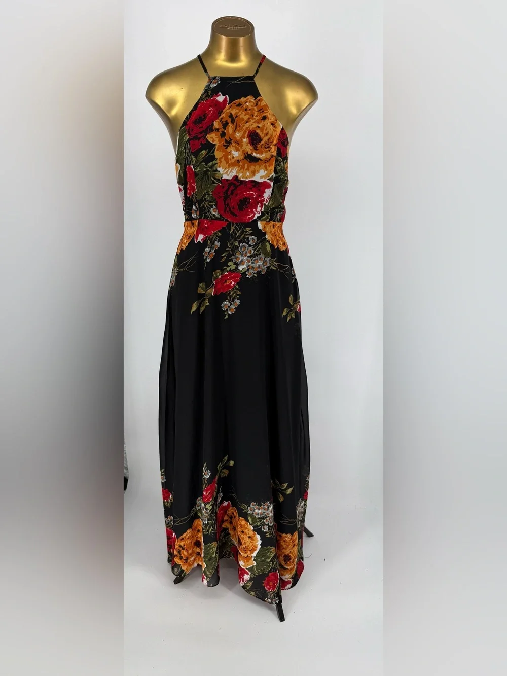 Black Floral Halter Maxi Dress with Open Back Elegant Evening Style Size Medium
